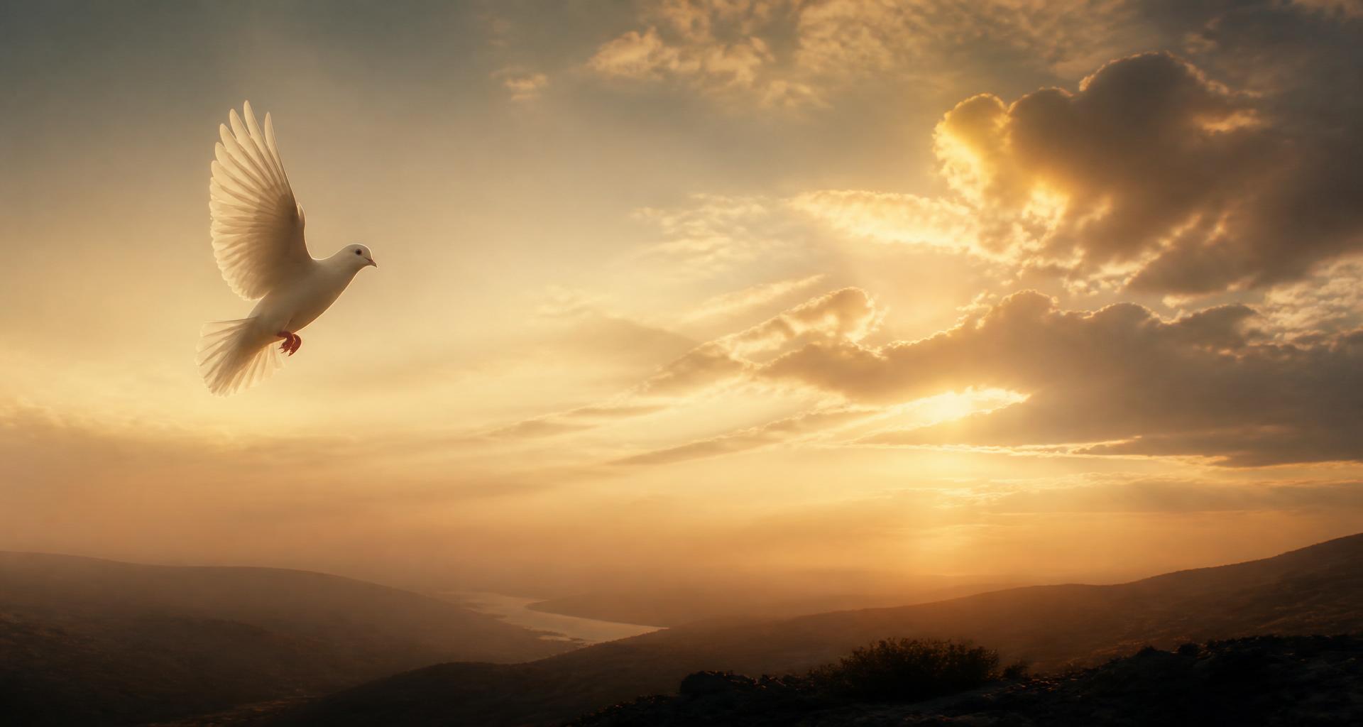 White dove flying at golden dawn over a soft horizon
