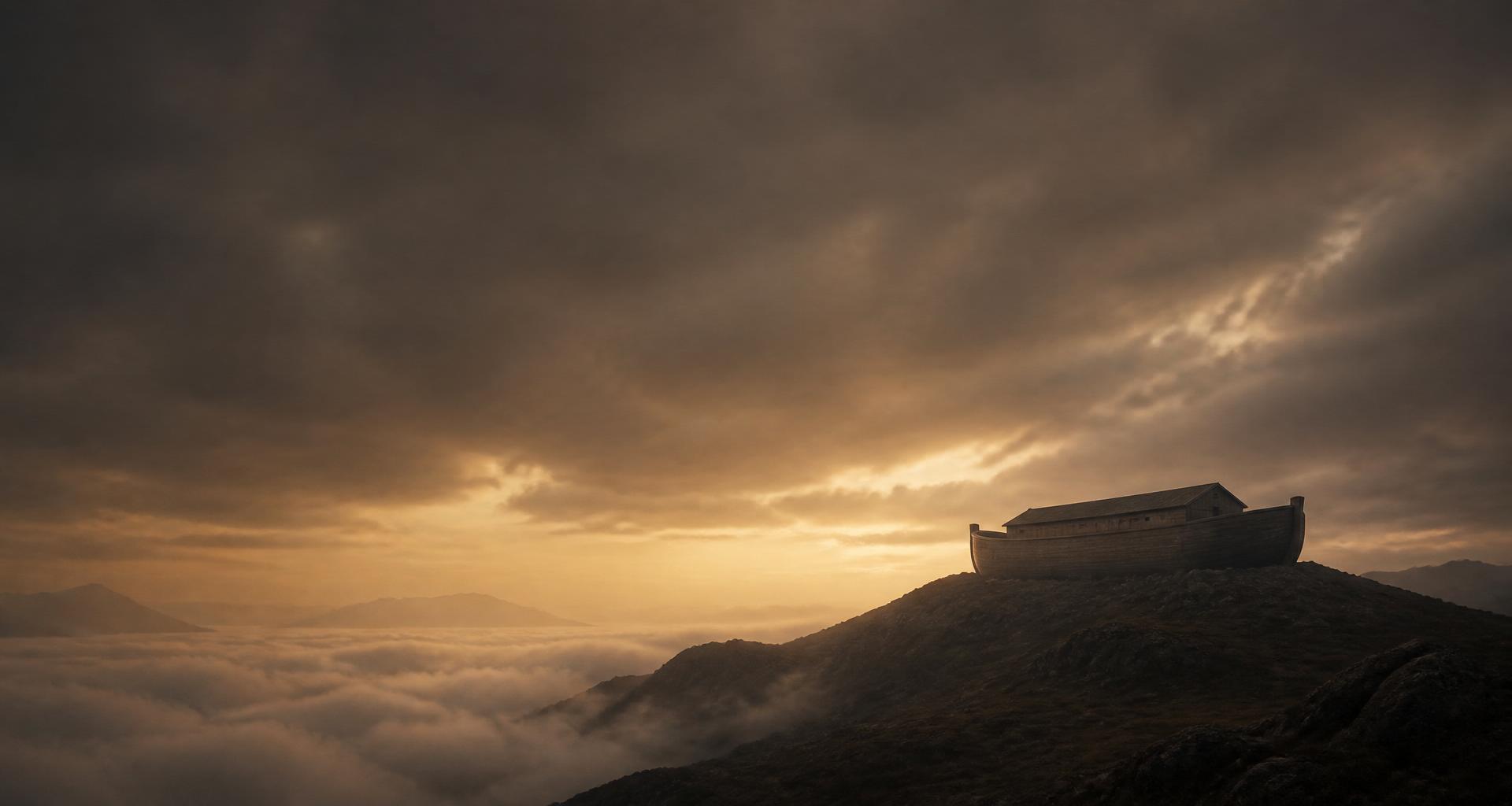Wooden ark silhouetted on a misty mountain ridge at dawn
